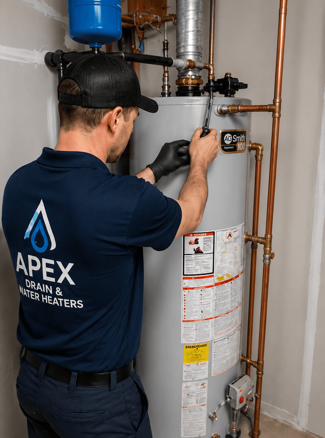 Certified plumber installing water heater with professional equipment